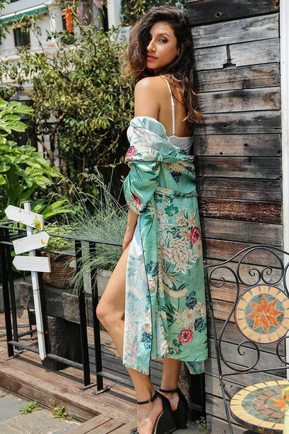 2018 New Arrival Fashion Long Sleeve Printed Kimono Belt Long Coat Women S Bikini Cover-Ups