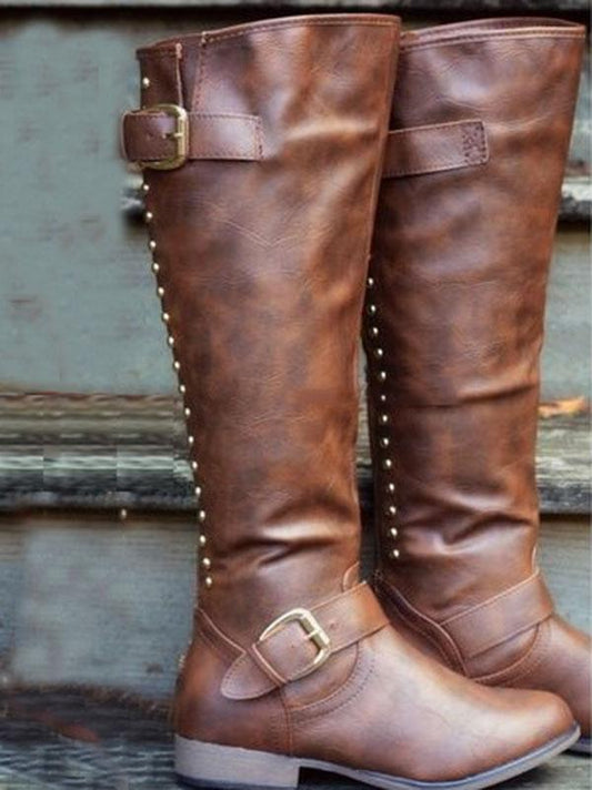 Fashion Thigh-High Rivet Low-Heel Zipper Boots Shoes