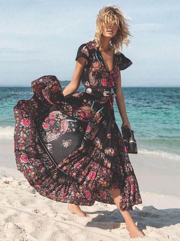 Dresses Retro Bohemian Maxi Dress V-Neck Dresses For Ladies