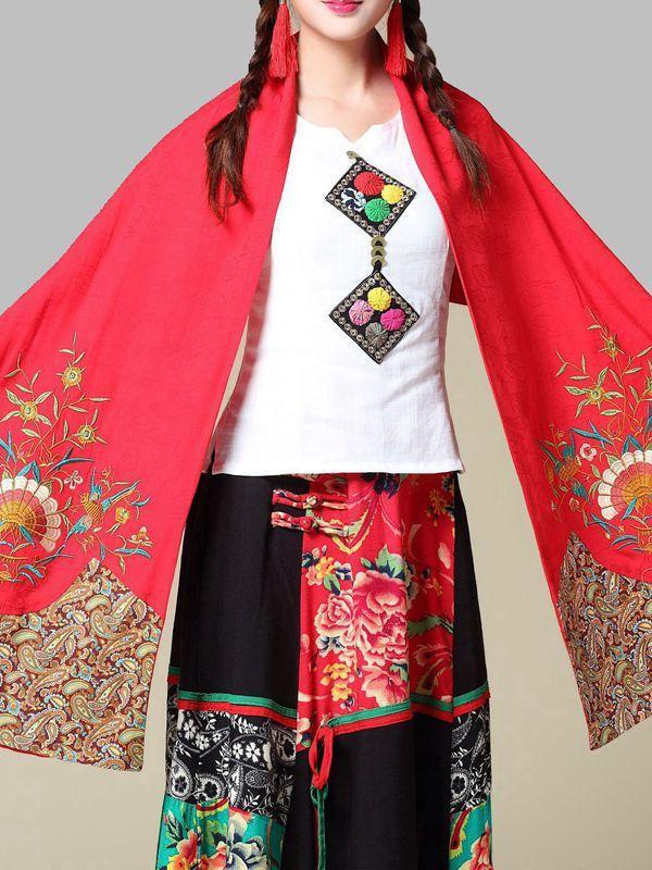 Ethnic Cotton And Linen Wild Long Embroidery Flower Shawl Scarf