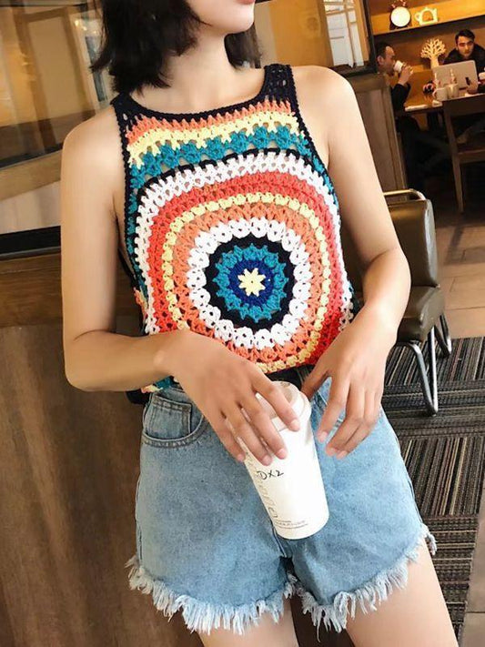 Handmade Crochet Color Vest Summer Hollow Perspective Sleeveless Vacation Top