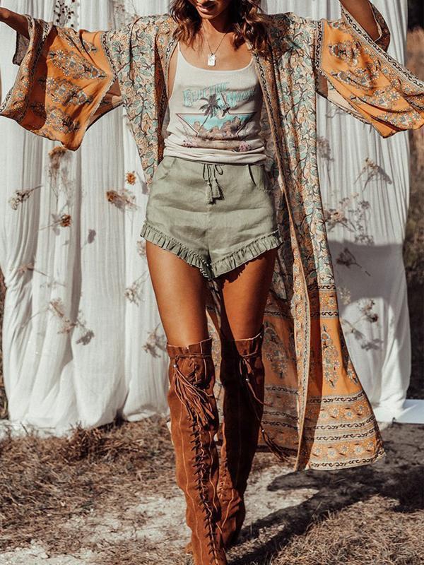 Bohemian Floral Print Women Long Sleeve Boho Cover-Up