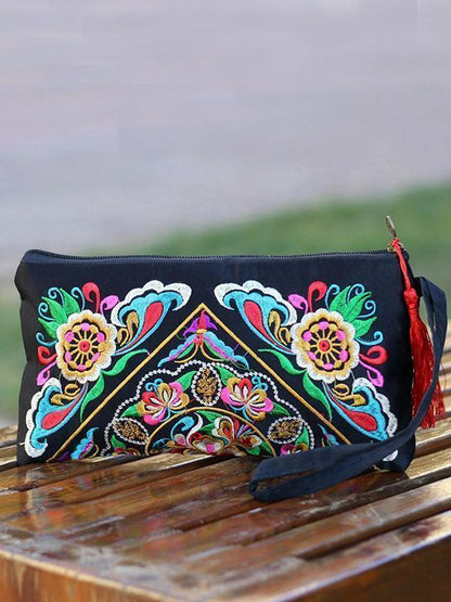 Ethnic Style Tassel Floral Double-Sided Embroidery Portable Bags