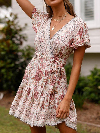 Spring Bohemian Beach Deep V-Neck Large Hem Print Dress