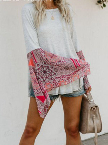 Autumn Solid Color Round Neck Long Sleeve Print Loose Stitching Top