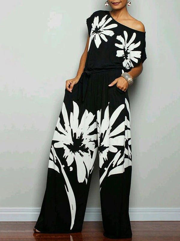 Original Floral Printed Off-The-Shoulder T-Shirt&Wide Legs Pants 2 Pieces Set