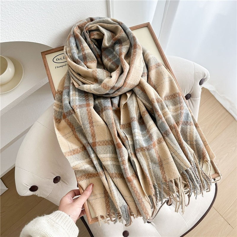 Color Block Plaid Fringe Scarf