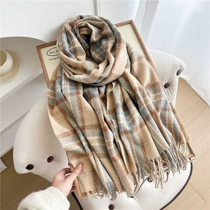 Color Block Plaid Fringe Scarf