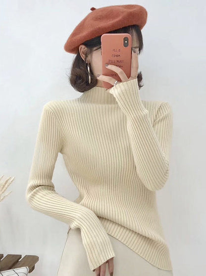 9 Colors Knitting Split-Joint Solid Color High-Neck Sweater