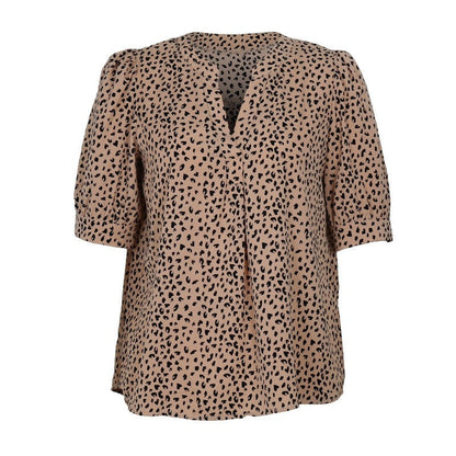 Summer Simple Casual Leopard Print Short-Sleeved V-Neck Commuter Shirt