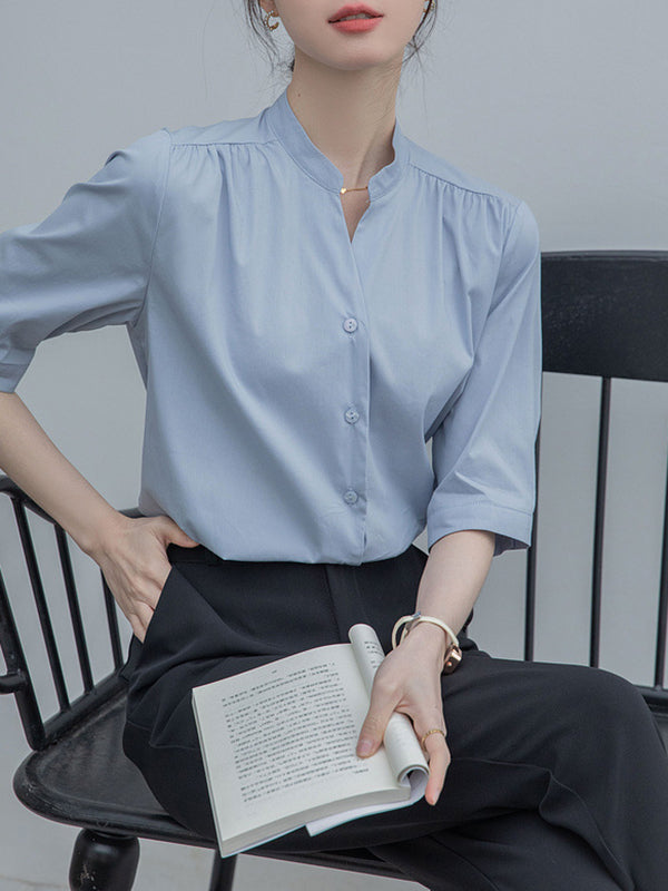 Half Sleeves Loose Buttoned Pleated Solid Color Split-Joint Stand Collar Blouses&Shirts Tops