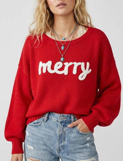 Knitted Graphic Round Neck Merry Pullover Sweater
