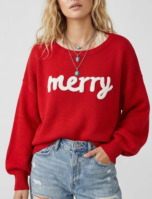 Knitted Graphic Round Neck Merry Pullover Sweater