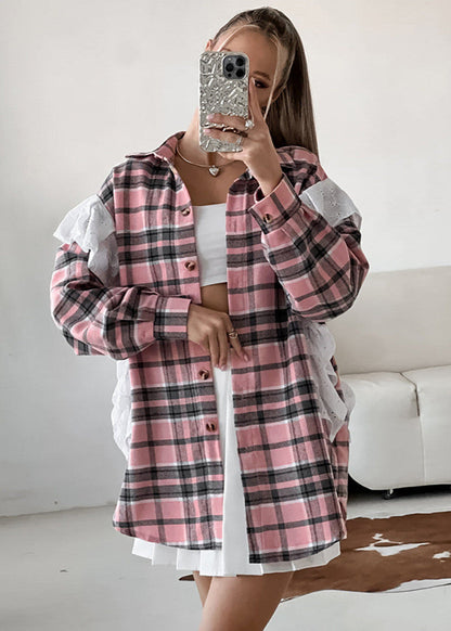Plaid Poplin Shirt Cotton Polyester Pink Ruffle Detail