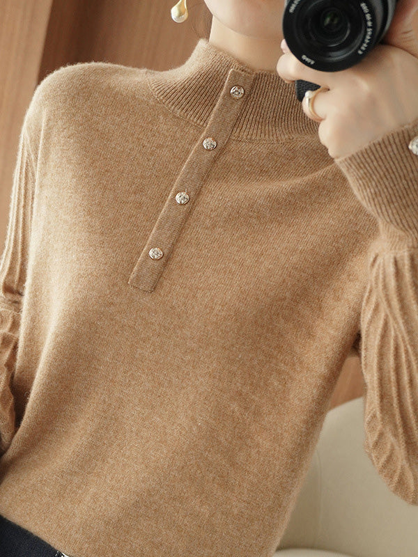 Casual Puff Sleeves Long Sleeves Solid Color Half Turtleneck Sweater Tops