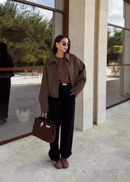 Woolen Lapel Jacket With Front Zipper Closure
