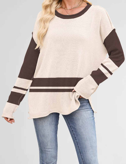 Color Block Round Neck Loose Sweater