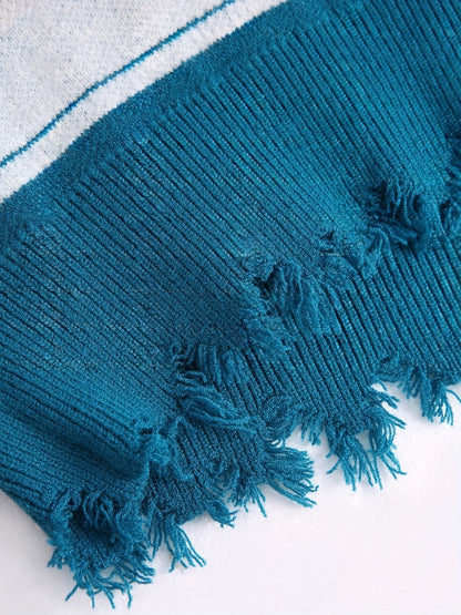 Crosa - Distressed Knit V-Neck Sweater with Geometric Patterns