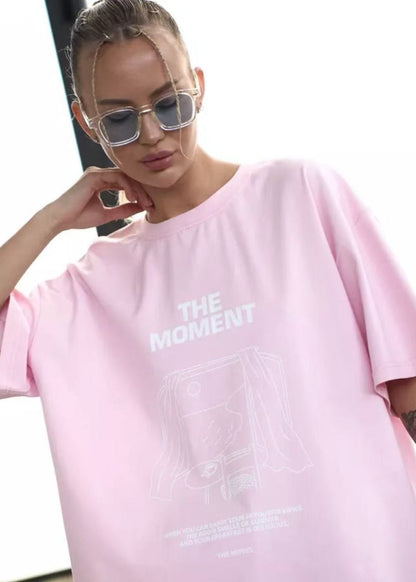 Oversized Cotton Tee With Graphic Print Pink
