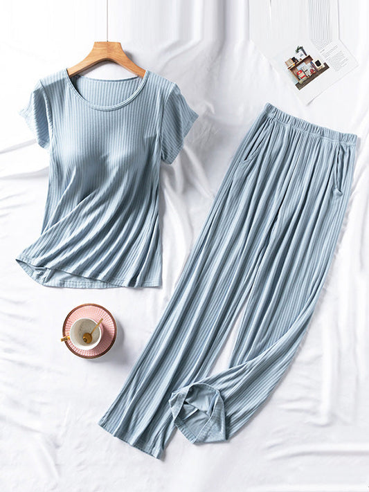 Solid Color Short Sleeve T-Shirts&Pants Pajamas Sets