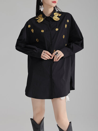 Long Sleeves Loose Buttoned Embroidered Split-Side Lapel Blouses&Shirts Tops