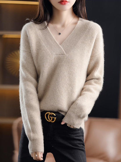 Loose Long Sleeves Solid Color V-Neck Sweater Tops
