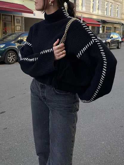 Contrast Color Loose Look-Younger Round-Neck Sweater