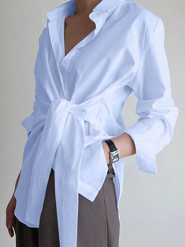 Long Sleeves Loose Bandage Buttoned Solid Color Split-Joint Lapel Collar Blouses