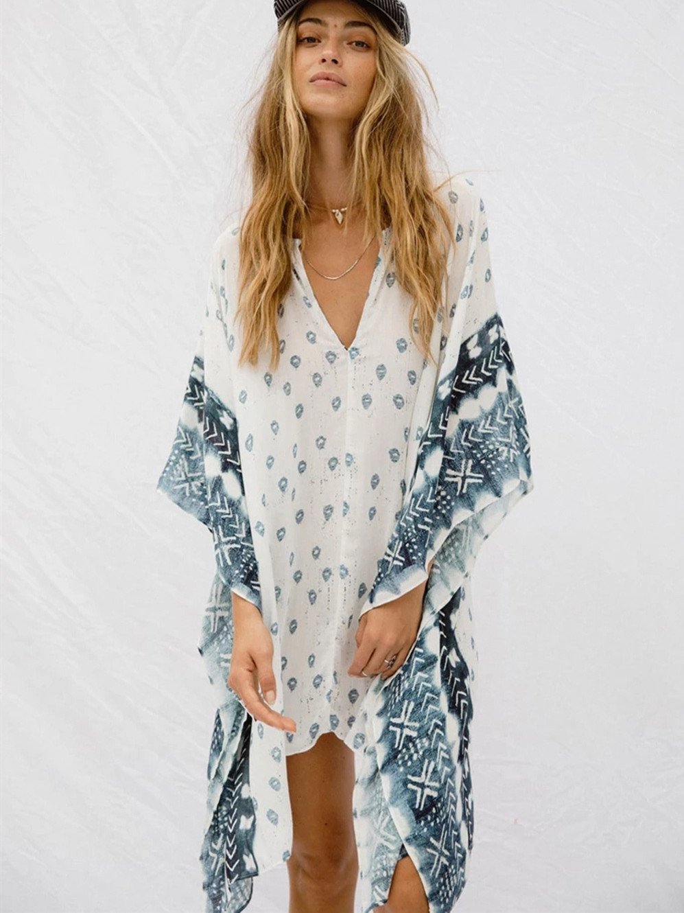 Bat Sleeve Long Sleeve Stitching Loose V-Neck Summer Jacket Printed Women'S Sunscreen Blouse