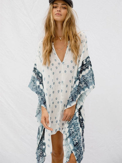 Bat Sleeve Long Sleeve Stitching Loose V-Neck Summer Jacket Printed Women'S Sunscreen Blouse
