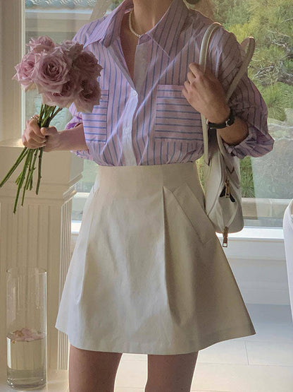 Long Sleeves Loose Buttoned Contrast Color Pockets Striped Lapel Blouses&Shirts Tops