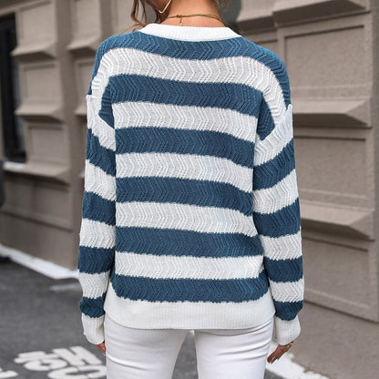 Casual Round Neck Long Sleeve Striped Contrast Sweater