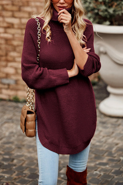 Irregular Hem Side Split Loose Pullover Turtleneck Sweater
