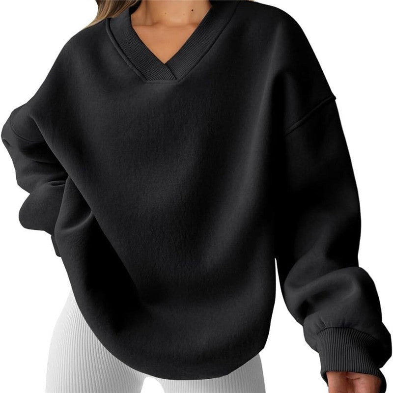 Solid Color Loose V-Neck Pullover Sweatshirt