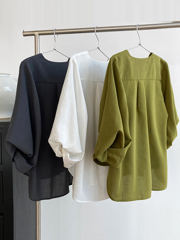 High-Low Loose Pleated See-Through Solid Color Split-Joint Round-Neck Blouses
