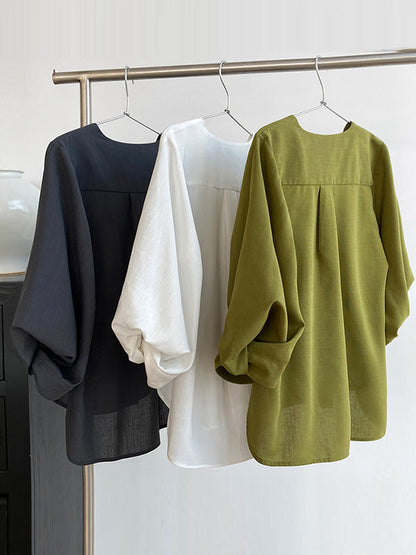 High-Low Loose Pleated See-Through Solid Color Split-Joint Round-Neck Blouses