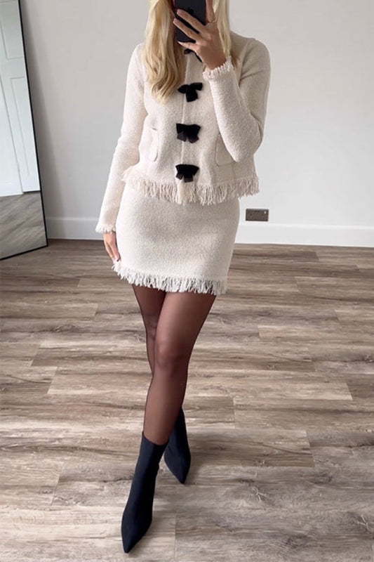 Crewneck Frayed Hem Pocketed Bow Sweater