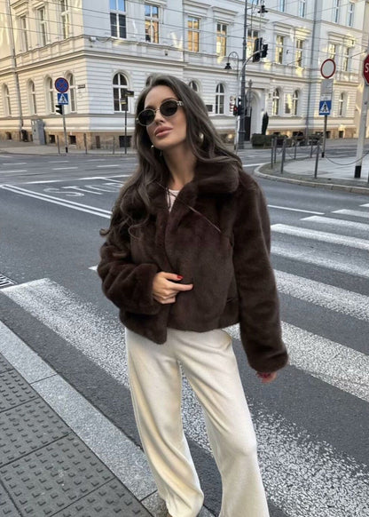 Short Coat Plush Faux Fur Dark Brown