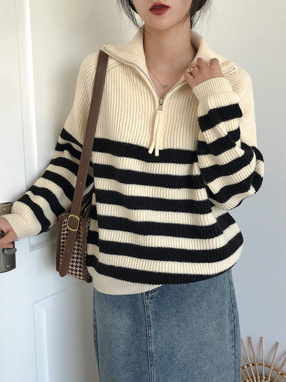 Urban Striped Zipper High-Neck Sweater Tops Pullovers