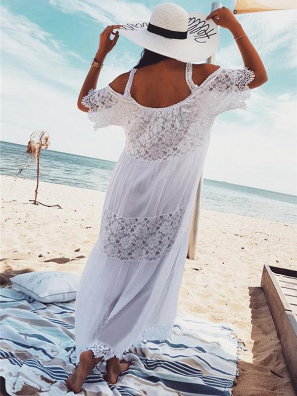 Spaghetti-Strap Lace Hollow Solid Beach Swimwear Maxi Dresses