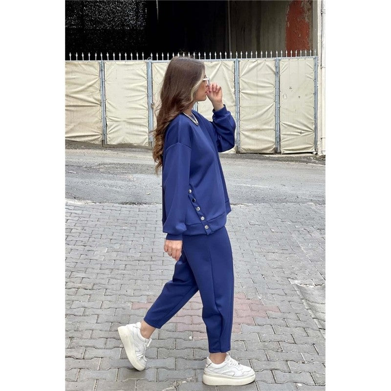 Solid Color Crewneck Long Sleeve Sweatshirt And Sport Pants Two Pieces Suit