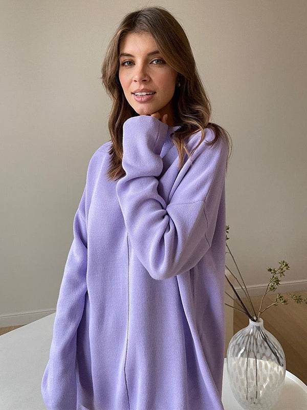 Loose Solid Color High-Neck Sweater Tops&Pants Suits