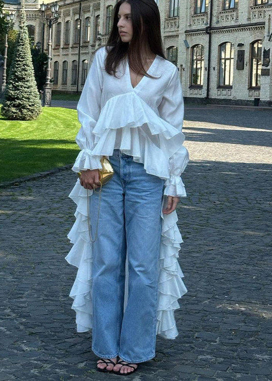 Long Ruffle High Low Blouse In Light Fabric