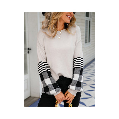 Casual Long Sleeves Loose Checkered Round-Neck Sweater Tops