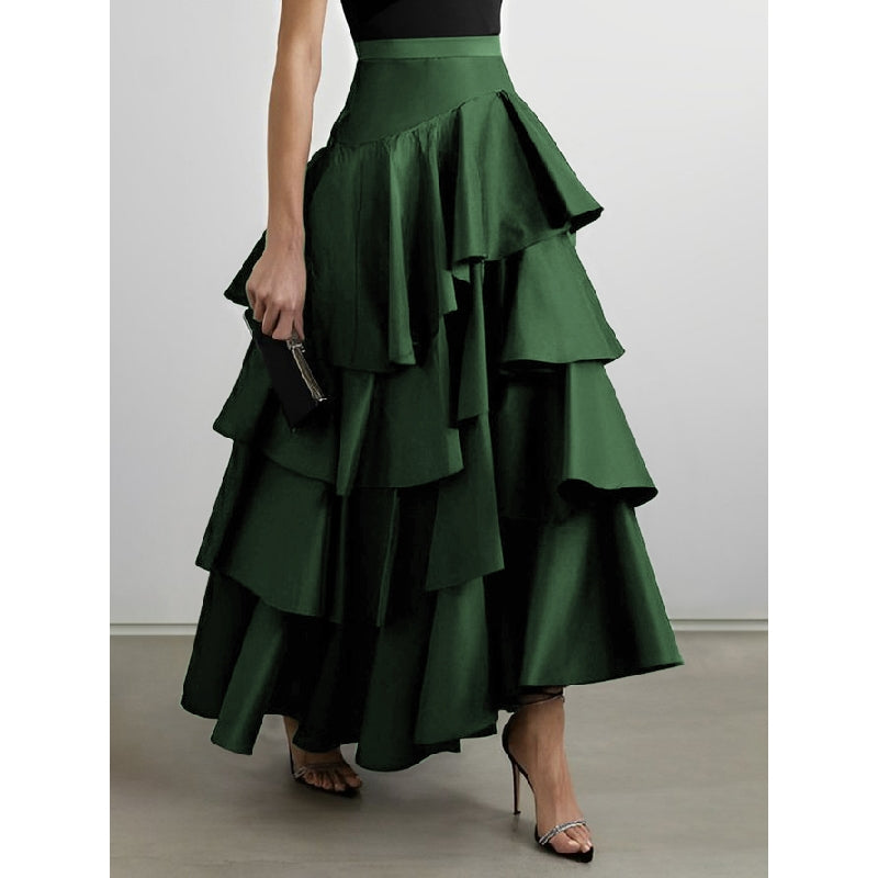 A-Line High Waisted Falbala Solid Color Long Skirts