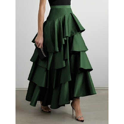 A-Line High Waisted Falbala Solid Color Long Skirts