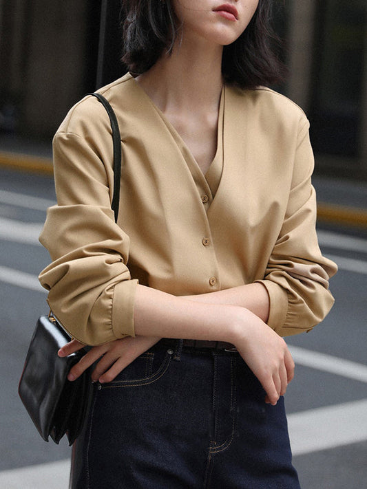 Solid Color V-Cut Double Layered Buttoned Retro Long Sleeves Blouses
