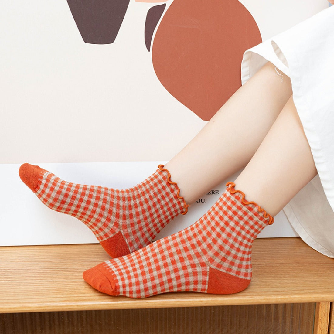 Rufia - Colorful Check Pattern Lace Socks