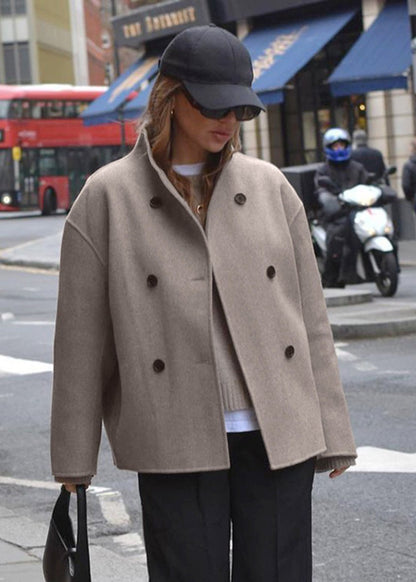 Double Breasted Woolen Coat Taupe Tailored Style