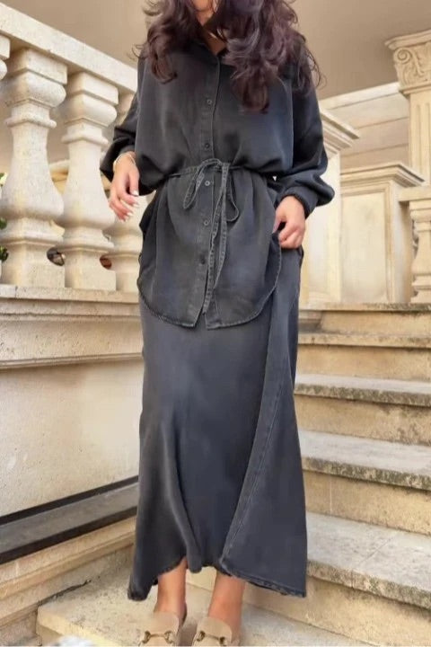 Long-sleeved Tie-Drawstring Shirt and Skirt Set